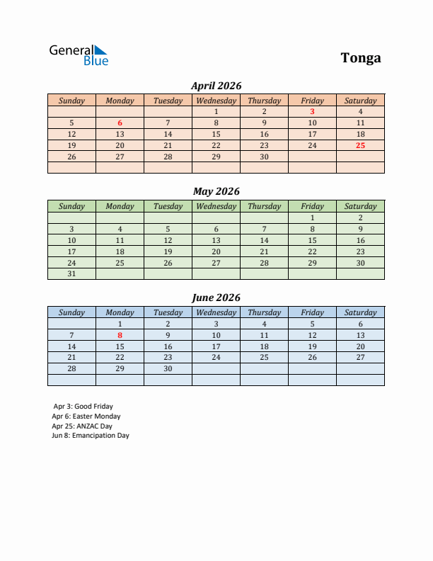 Q2 2026 Holiday Calendar - Tonga