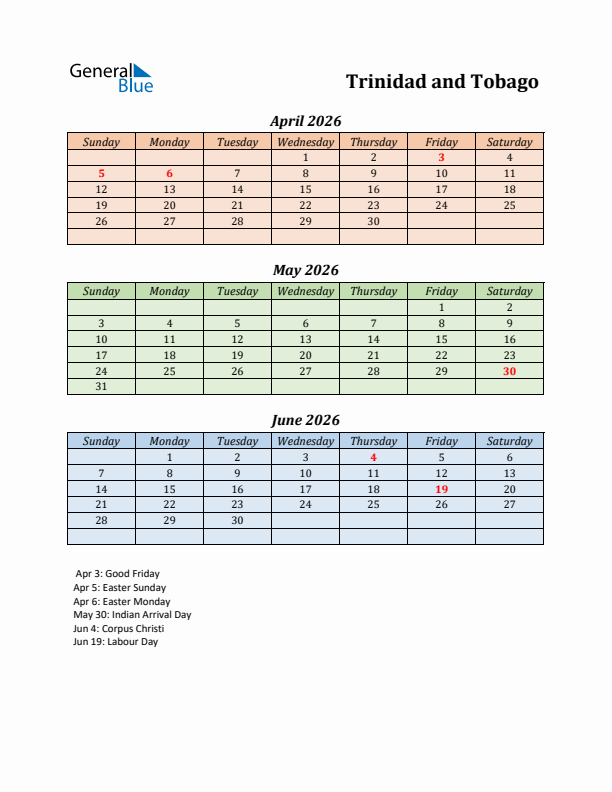 Q2 2026 Holiday Calendar - Trinidad and Tobago