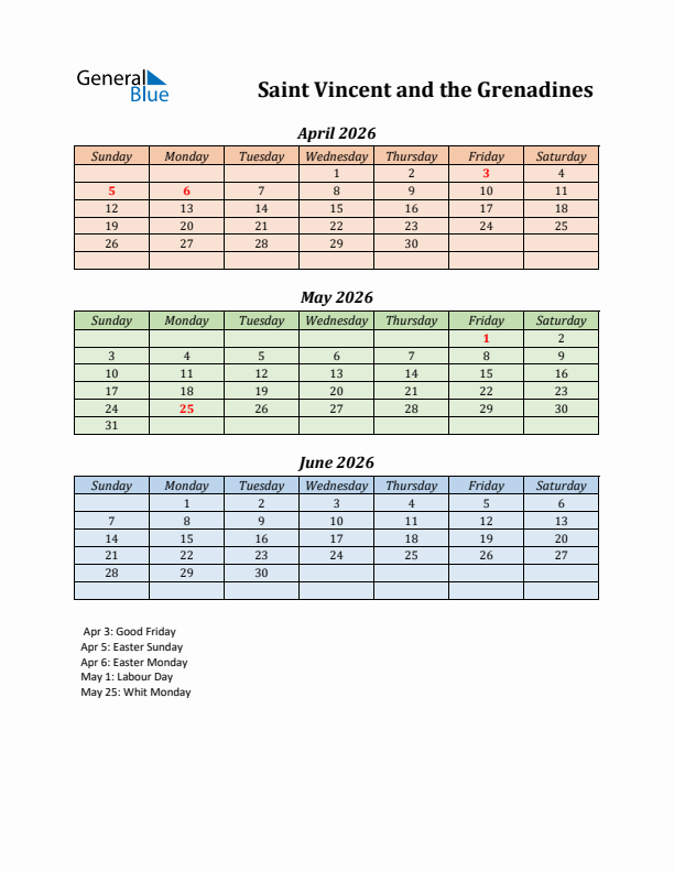Q2 2026 Holiday Calendar - Saint Vincent and the Grenadines