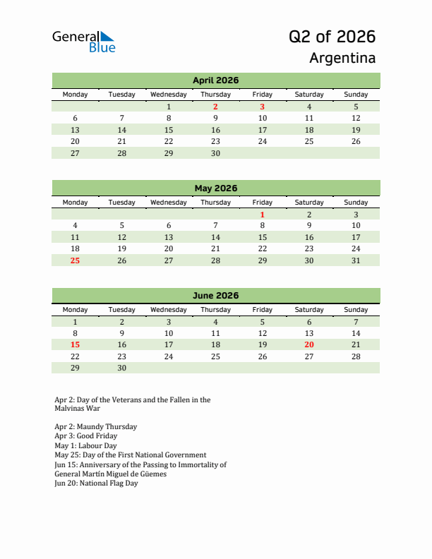 Quarterly Calendar 2026 with Argentina Holidays