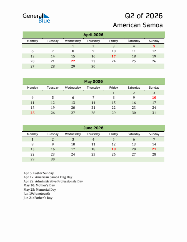 Quarterly Calendar 2026 with American Samoa Holidays