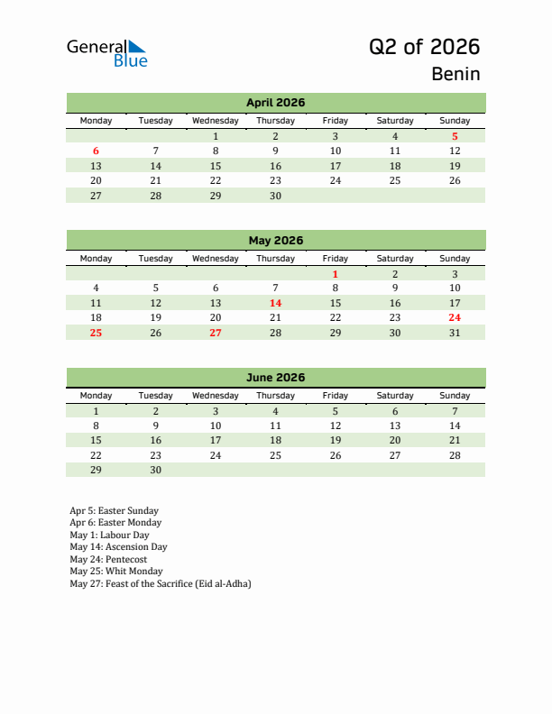 Quarterly Calendar 2026 with Benin Holidays