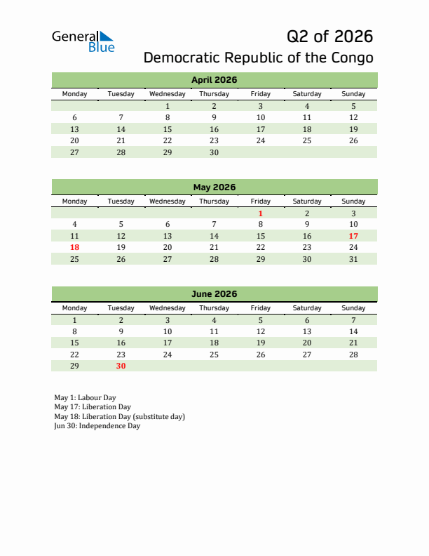 Quarterly Calendar 2026 with Democratic Republic of the Congo Holidays
