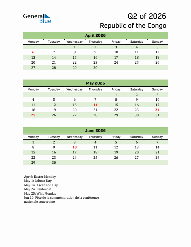Quarterly Calendar 2026 with Republic of the Congo Holidays