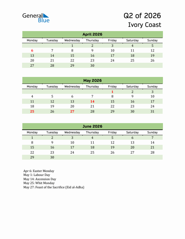 Quarterly Calendar 2026 with Ivory Coast Holidays