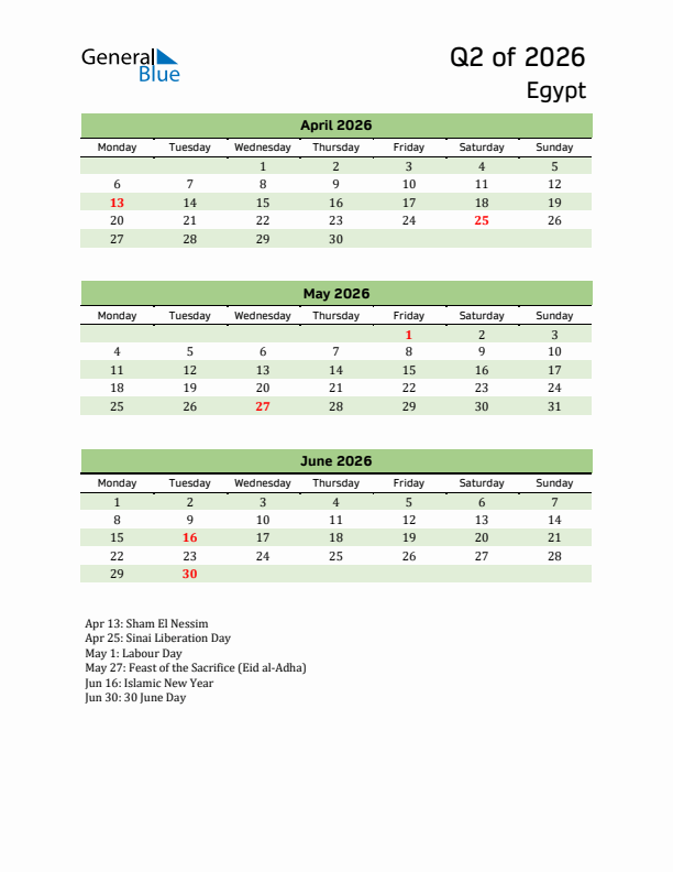 Quarterly Calendar 2026 with Egypt Holidays