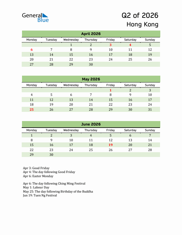 Quarterly Calendar 2026 with Hong Kong Holidays
