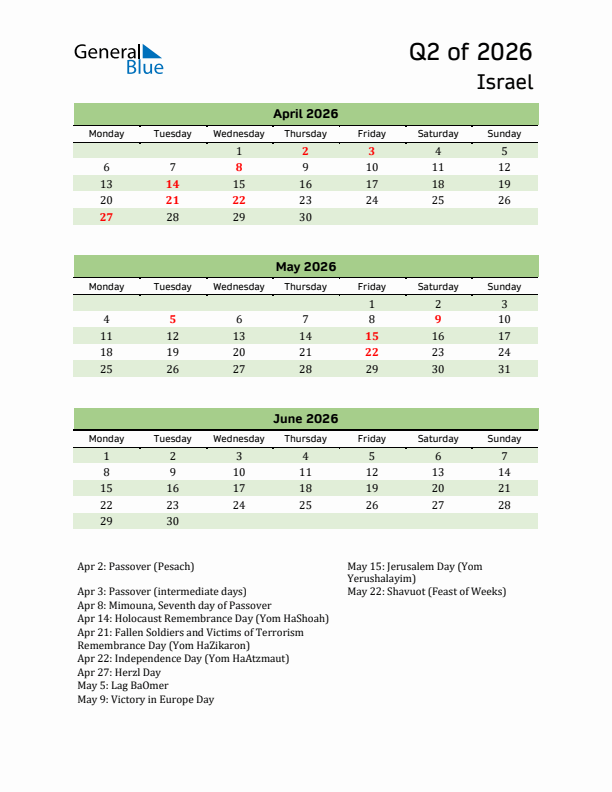 Quarterly Calendar 2026 with Israel Holidays