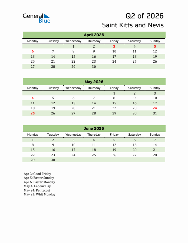 Quarterly Calendar 2026 with Saint Kitts and Nevis Holidays