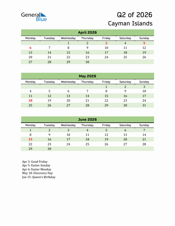 Quarterly Calendar 2026 with Cayman Islands Holidays