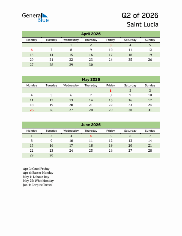 Quarterly Calendar 2026 with Saint Lucia Holidays