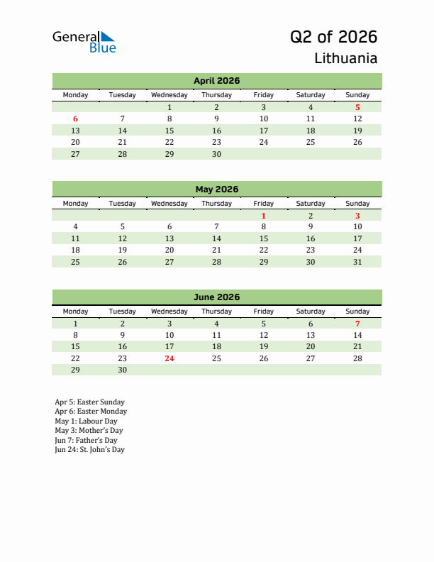 Quarterly Calendar 2026 with Lithuania Holidays