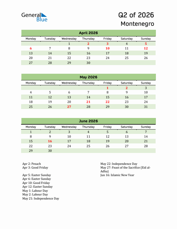 Quarterly Calendar 2026 with Montenegro Holidays