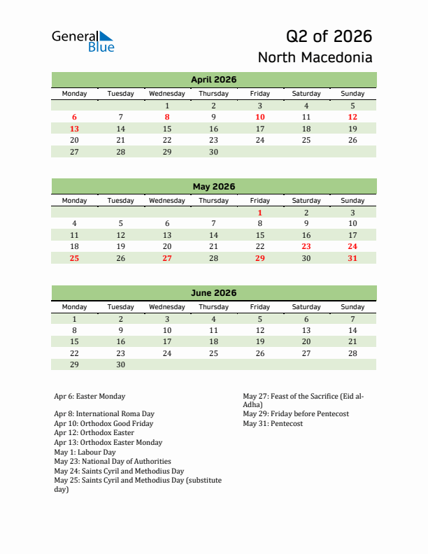 Quarterly Calendar 2026 with North Macedonia Holidays