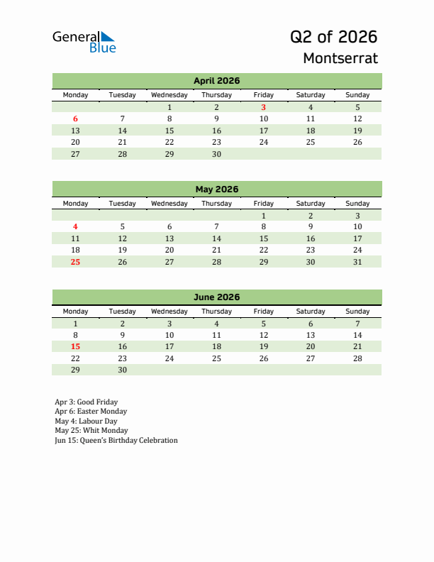 Quarterly Calendar 2026 with Montserrat Holidays