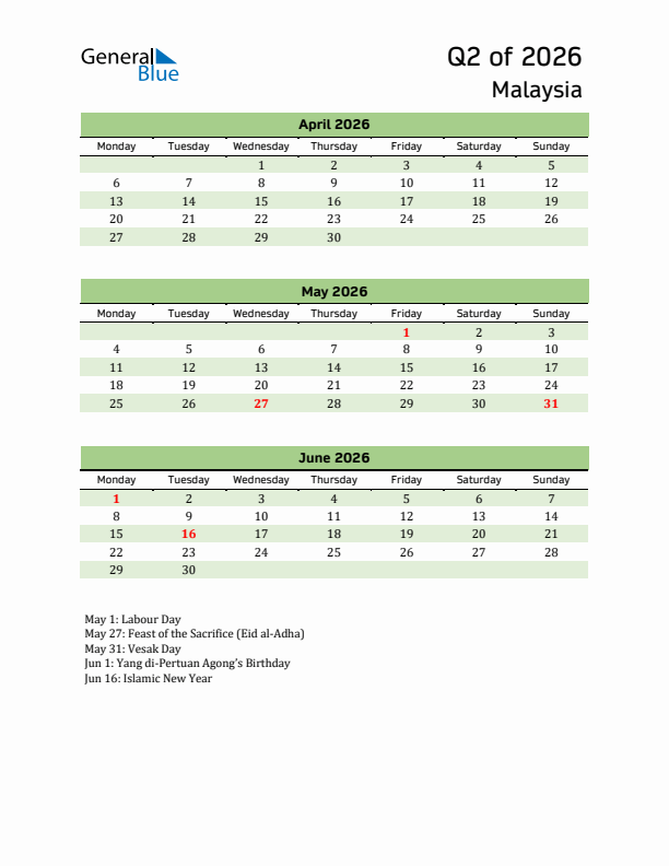 Quarterly Calendar 2026 with Malaysia Holidays