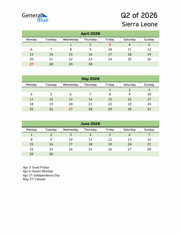 Quarterly Calendar 2026 with Sierra Leone Holidays