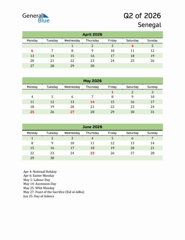 Quarterly Calendar 2026 with Senegal Holidays