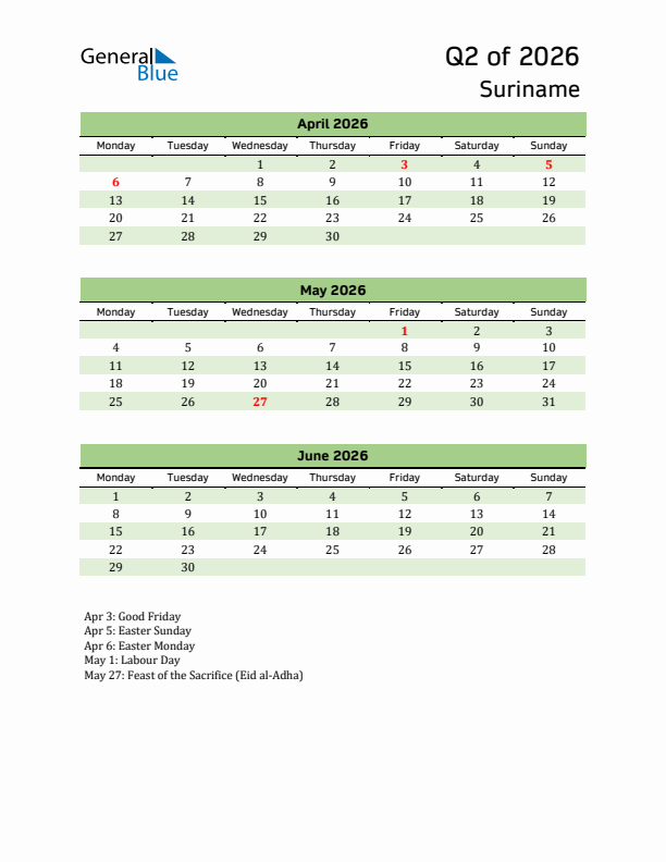 Quarterly Calendar 2026 with Suriname Holidays