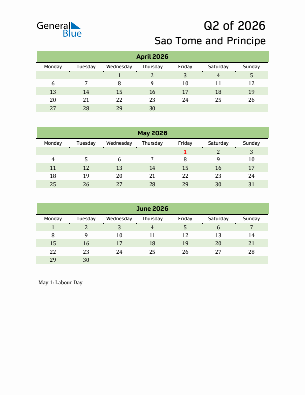 Quarterly Calendar 2026 with Sao Tome and Principe Holidays