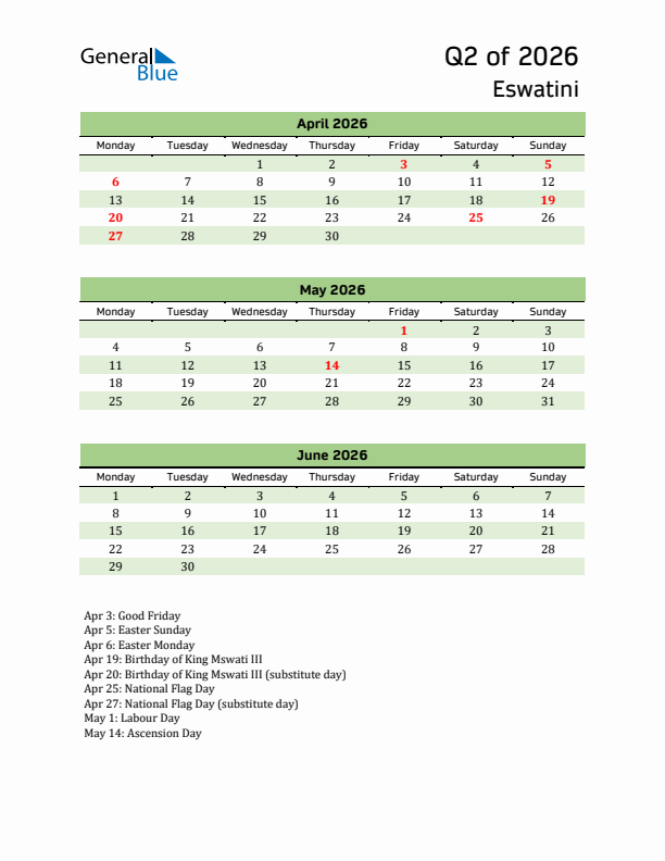 Quarterly Calendar 2026 with Eswatini Holidays