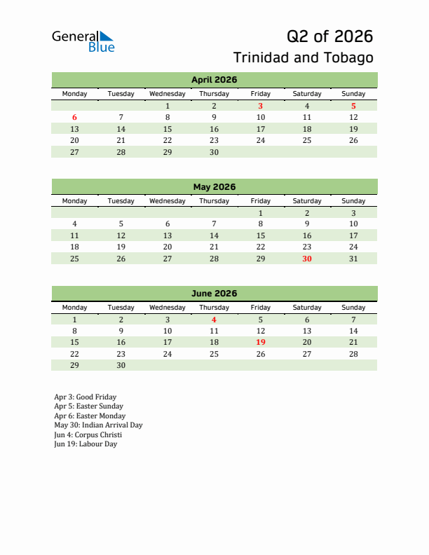 Quarterly Calendar 2026 with Trinidad and Tobago Holidays