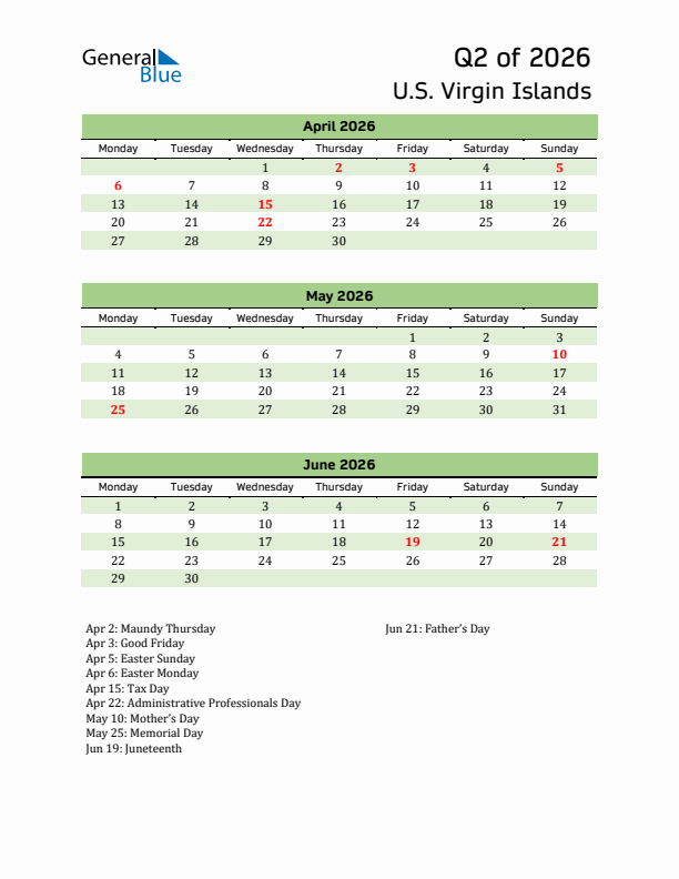 Quarterly Calendar 2026 with U.S. Virgin Islands Holidays