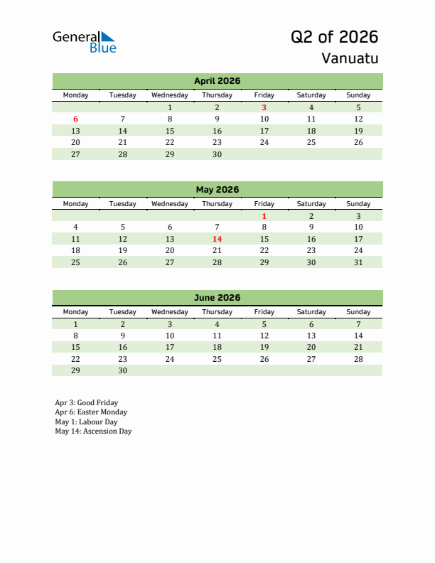 Quarterly Calendar 2026 with Vanuatu Holidays