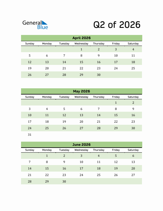 Quarter 2 2026 calendar template