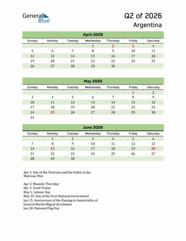 Quarterly Calendar 2026 with Argentina Holidays