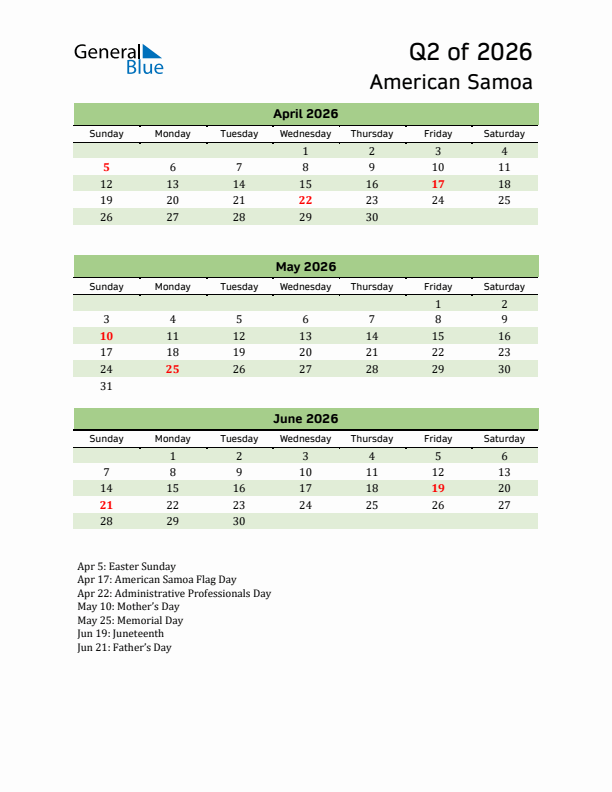 Quarterly Calendar 2026 with American Samoa Holidays