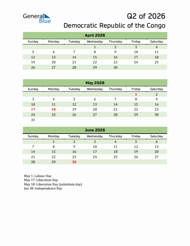 Quarterly Calendar 2026 with Democratic Republic of the Congo Holidays