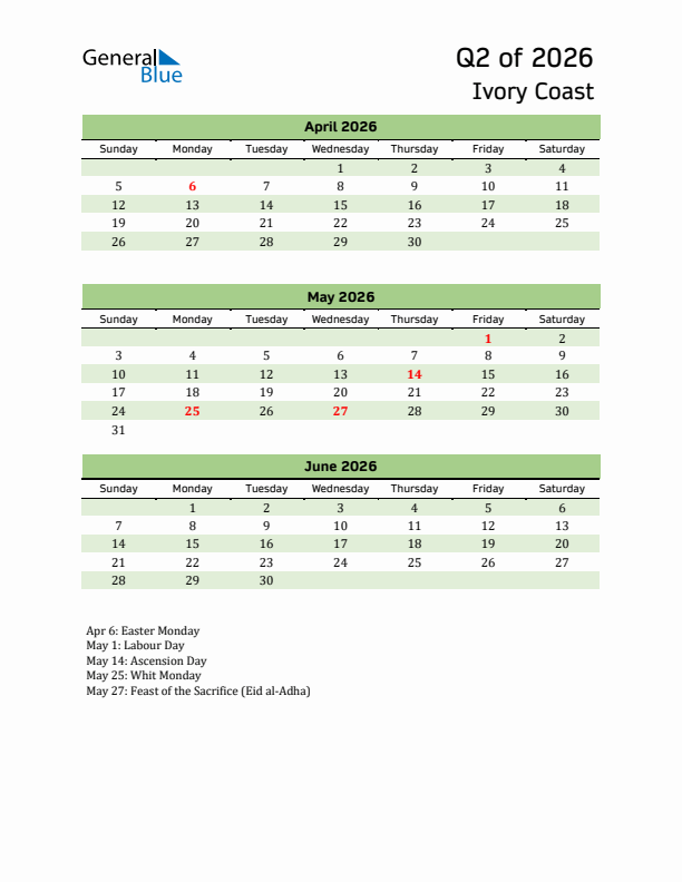 Quarterly Calendar 2026 with Ivory Coast Holidays