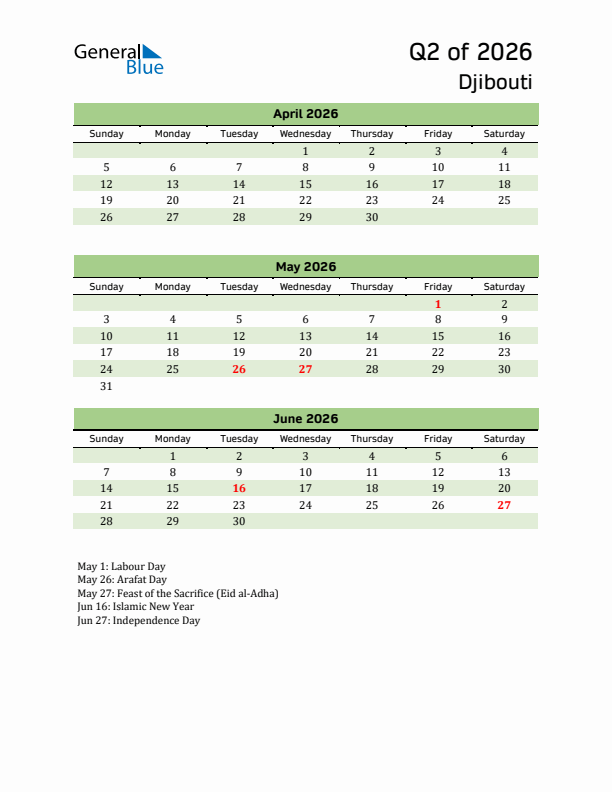 Quarterly Calendar 2026 with Djibouti Holidays