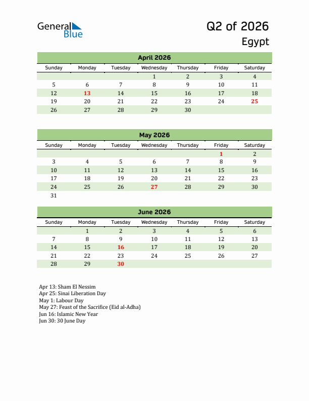 Quarterly Calendar 2026 with Egypt Holidays