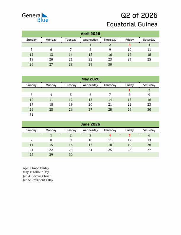 Quarterly Calendar 2026 with Equatorial Guinea Holidays