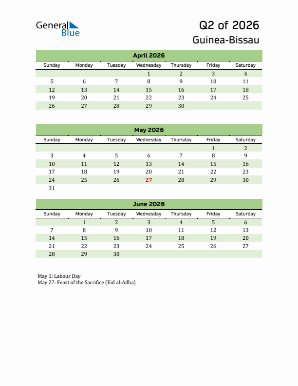 Quarterly Calendar 2026 with Guinea-Bissau Holidays