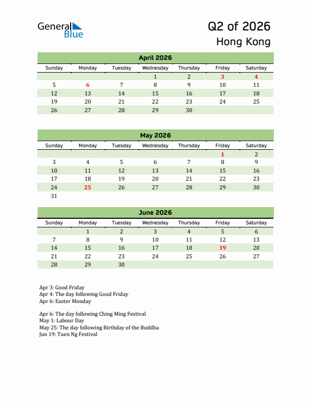 Quarterly Calendar 2026 with Hong Kong Holidays