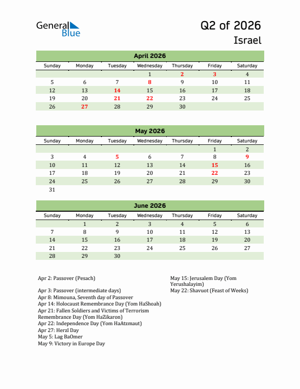 Quarterly Calendar 2026 with Israel Holidays