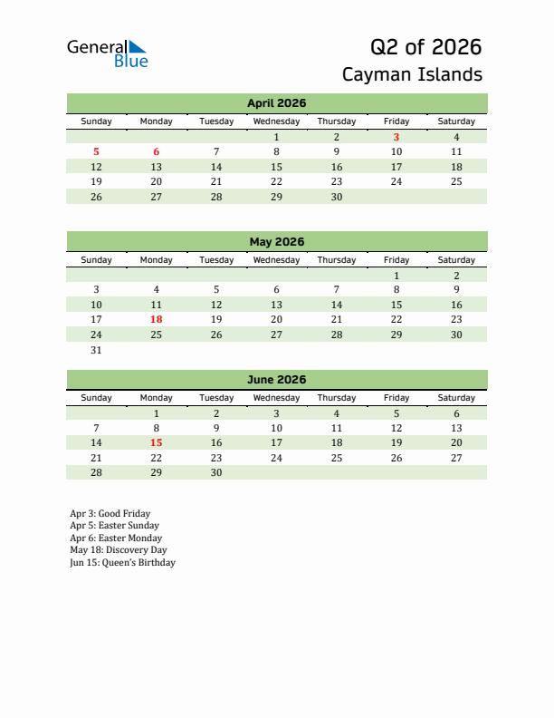 Quarterly Calendar 2026 with Cayman Islands Holidays