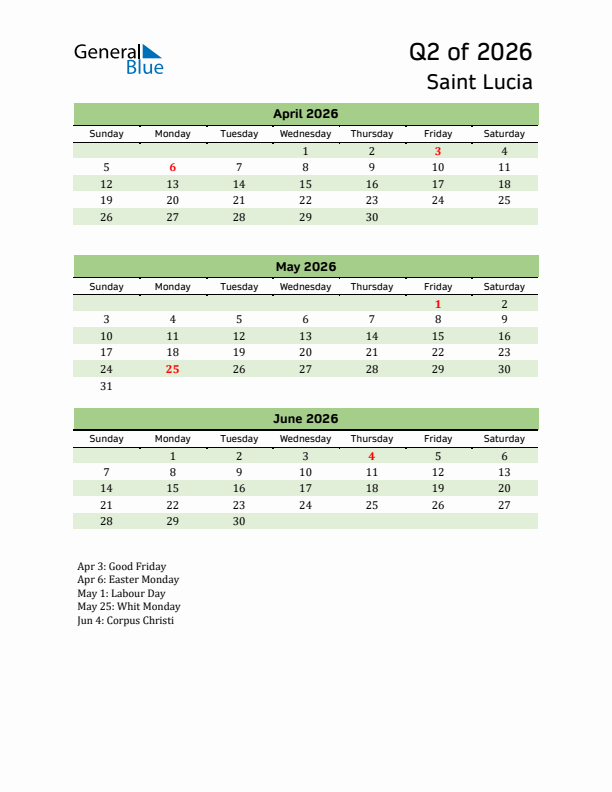 Quarterly Calendar 2026 with Saint Lucia Holidays