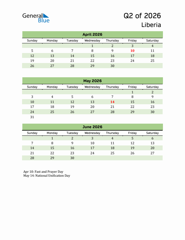 Quarterly Calendar 2026 with Liberia Holidays