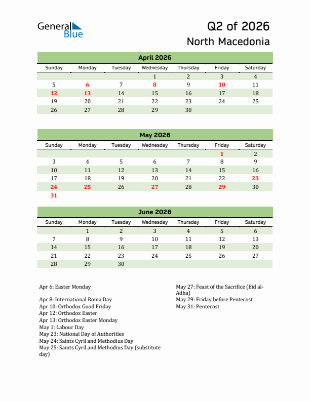 Quarterly Calendar 2026 with North Macedonia Holidays