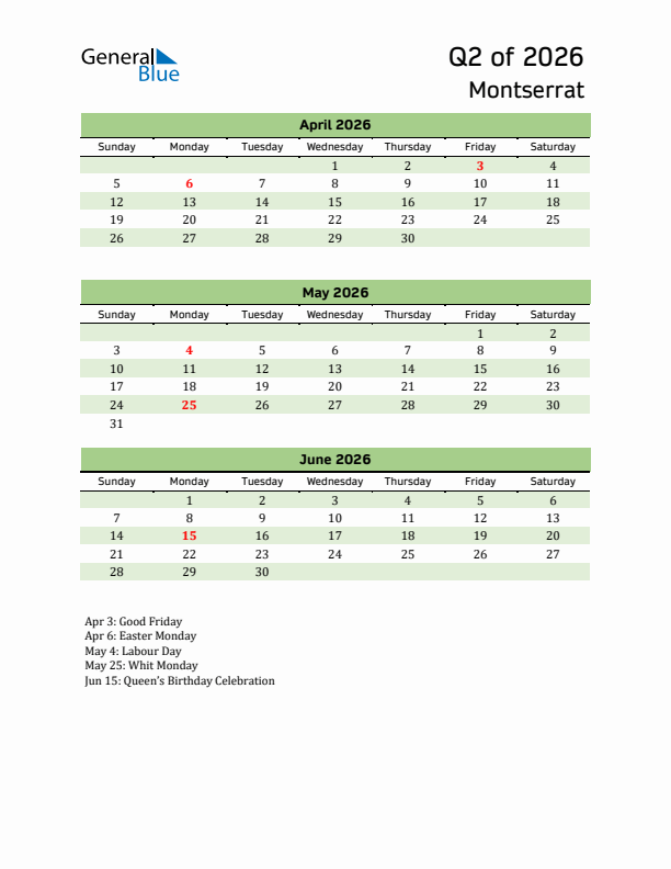Quarterly Calendar 2026 with Montserrat Holidays