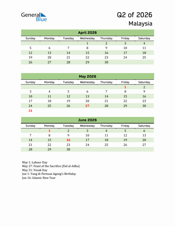 Quarterly Calendar 2026 with Malaysia Holidays