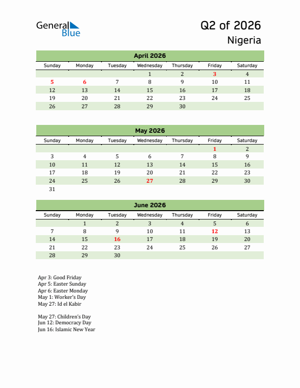 Quarterly Calendar 2026 with Nigeria Holidays