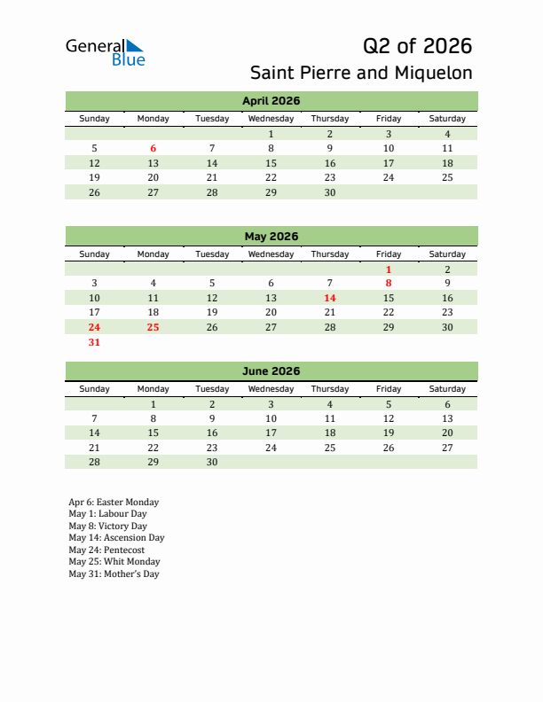 Quarterly Calendar 2026 with Saint Pierre and Miquelon Holidays