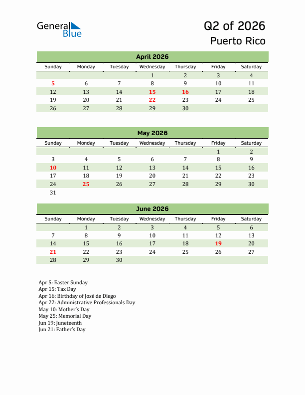 Quarterly Calendar 2026 with Puerto Rico Holidays