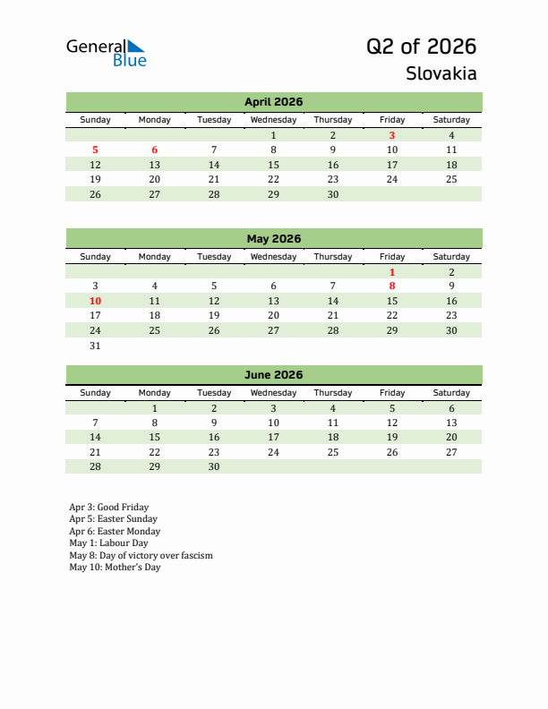 Quarterly Calendar 2026 with Slovakia Holidays