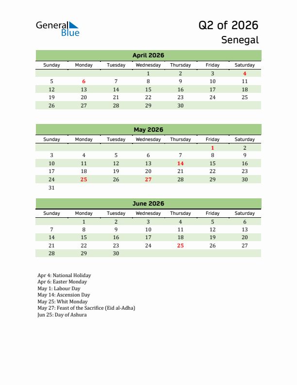 Quarterly Calendar 2026 with Senegal Holidays